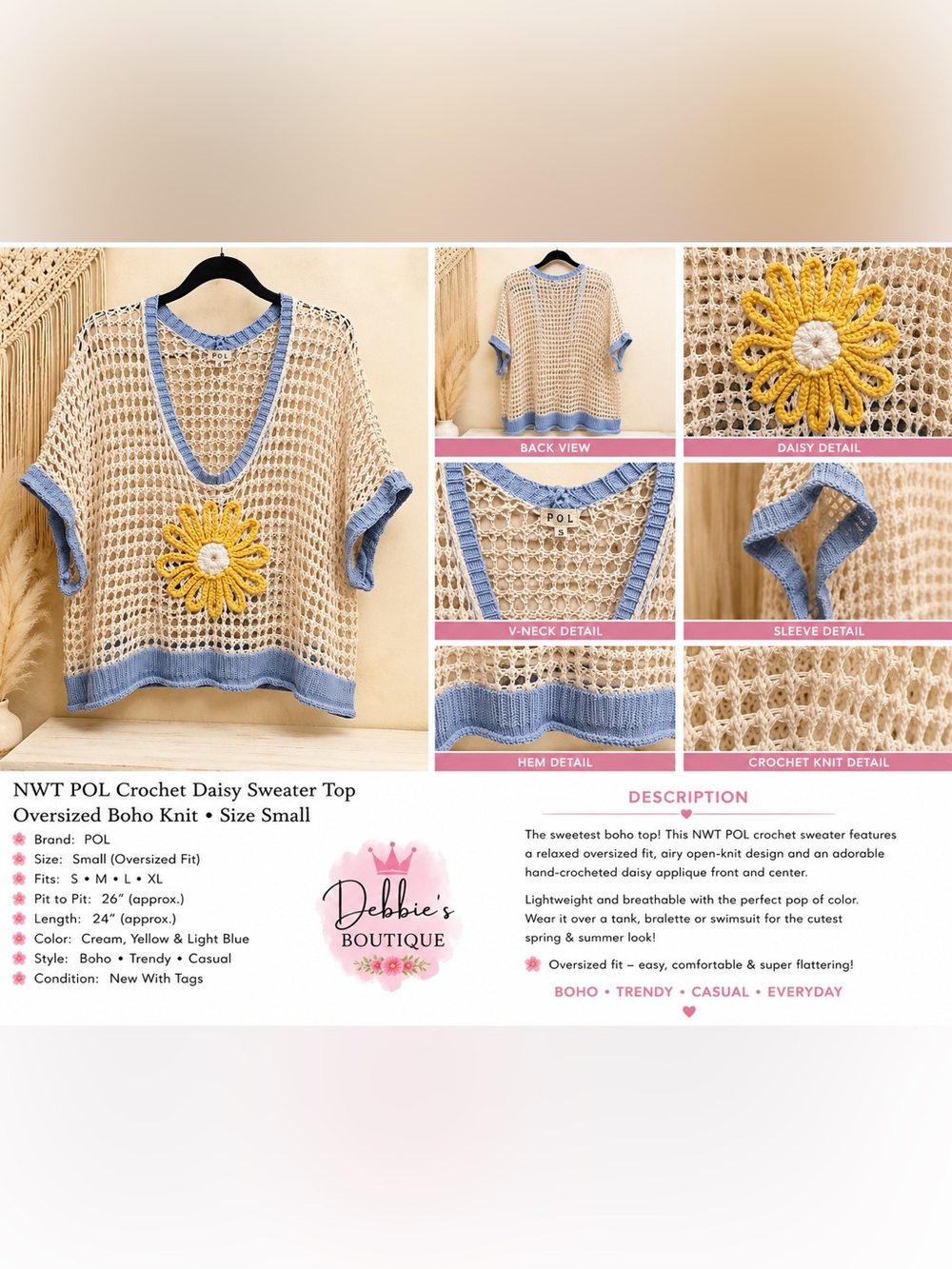 NEW POL Oversized Crochet Daisy Sweater Top Boho Beachy Open Knit Size Small - Picture 4 of 4